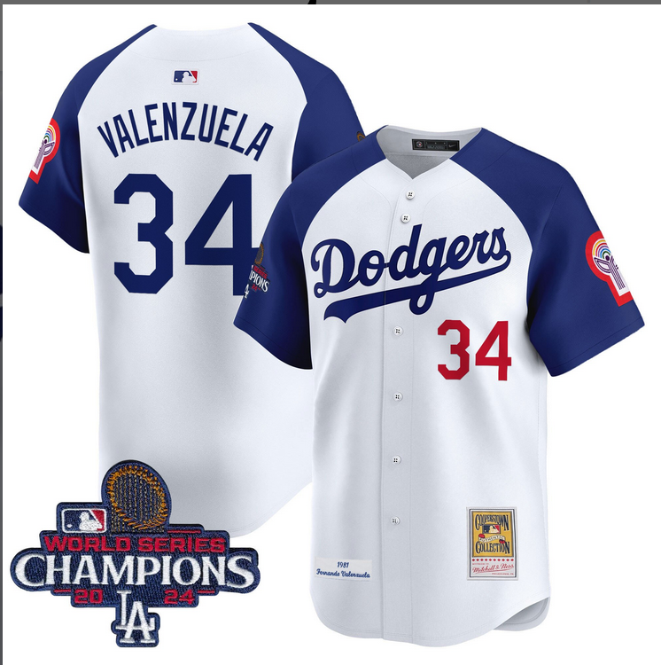 Men MLB Los Angeles Dodgers #34 Valenzuela white 2024 World Series Champions Patch Cooperstown Jersey style 2